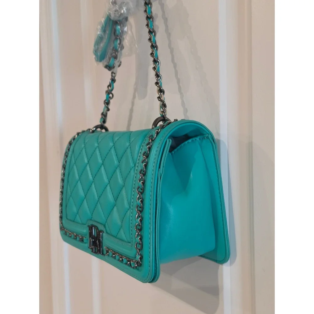 Badgley Mischka Green Quilted Crossbody Bag Chain Strap BM-4152 NEW